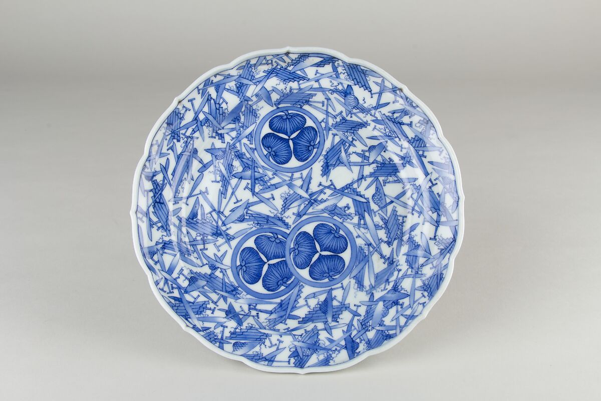 Dish with Rafts, Bamboo Hats, and Tokugawa Family Crest, Porcelain with underglaze blue (Hirado ware), Japan 
