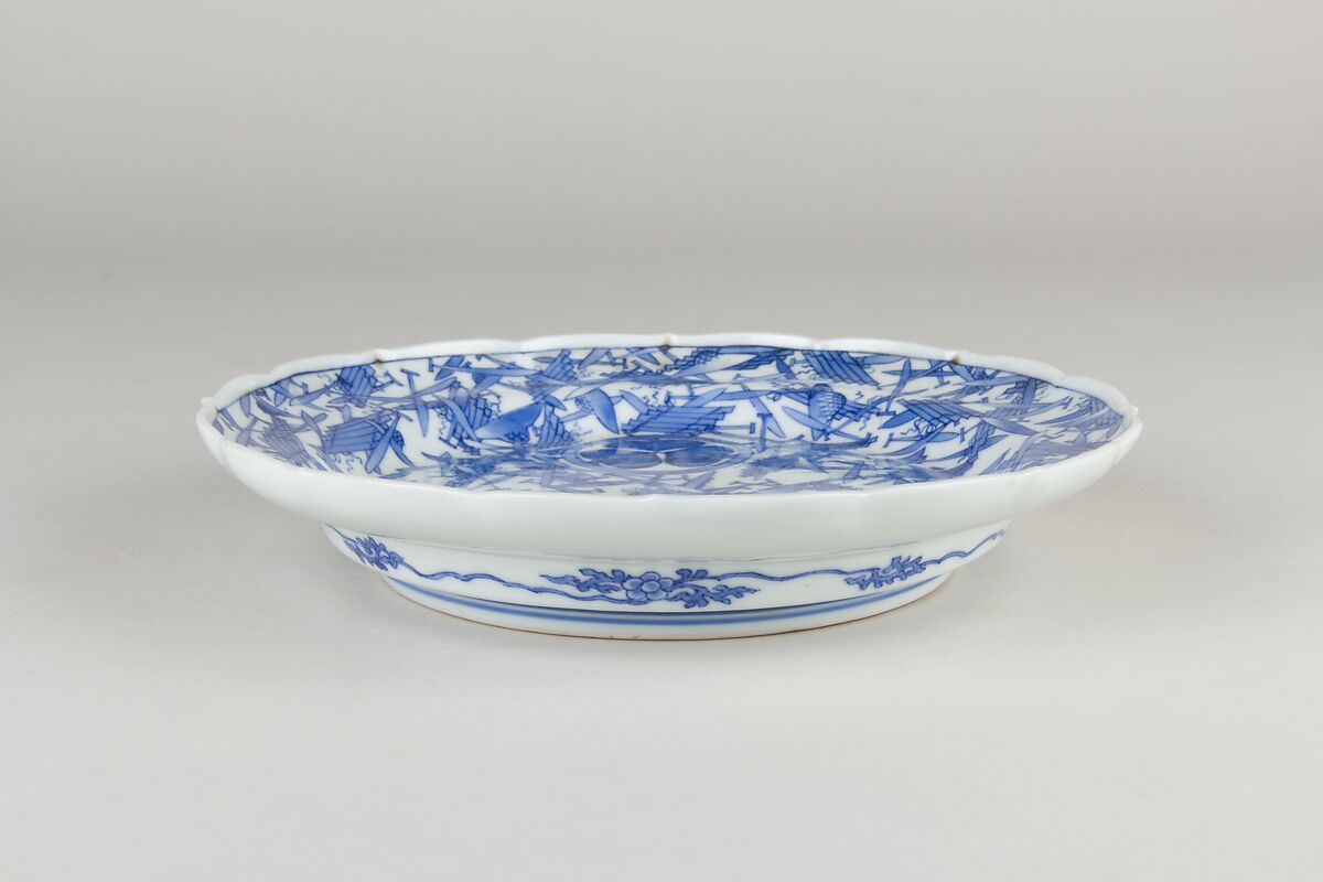 Dish with Rafts, Bamboo Hats, and Tokugawa Family Crest, Porcelain with underglaze blue (Hirado ware), Japan