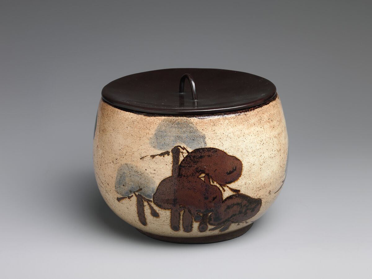Water Jar (Mizusashi) with Pine Trees, Attributed to Ogata Kenzan (Japanese, 1663–1743), Stoneware with underglaze iron oxide; lacquer cover, Japan