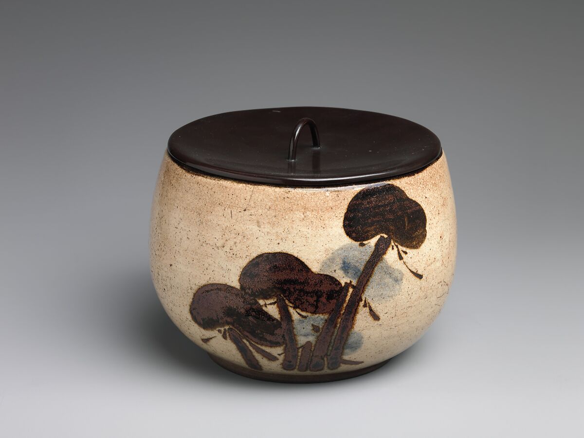 Water Jar (Mizusashi) with Pine Trees, Attributed to Ogata Kenzan (Japanese, 1663–1743), Stoneware with underglaze iron oxide; lacquer cover, Japan