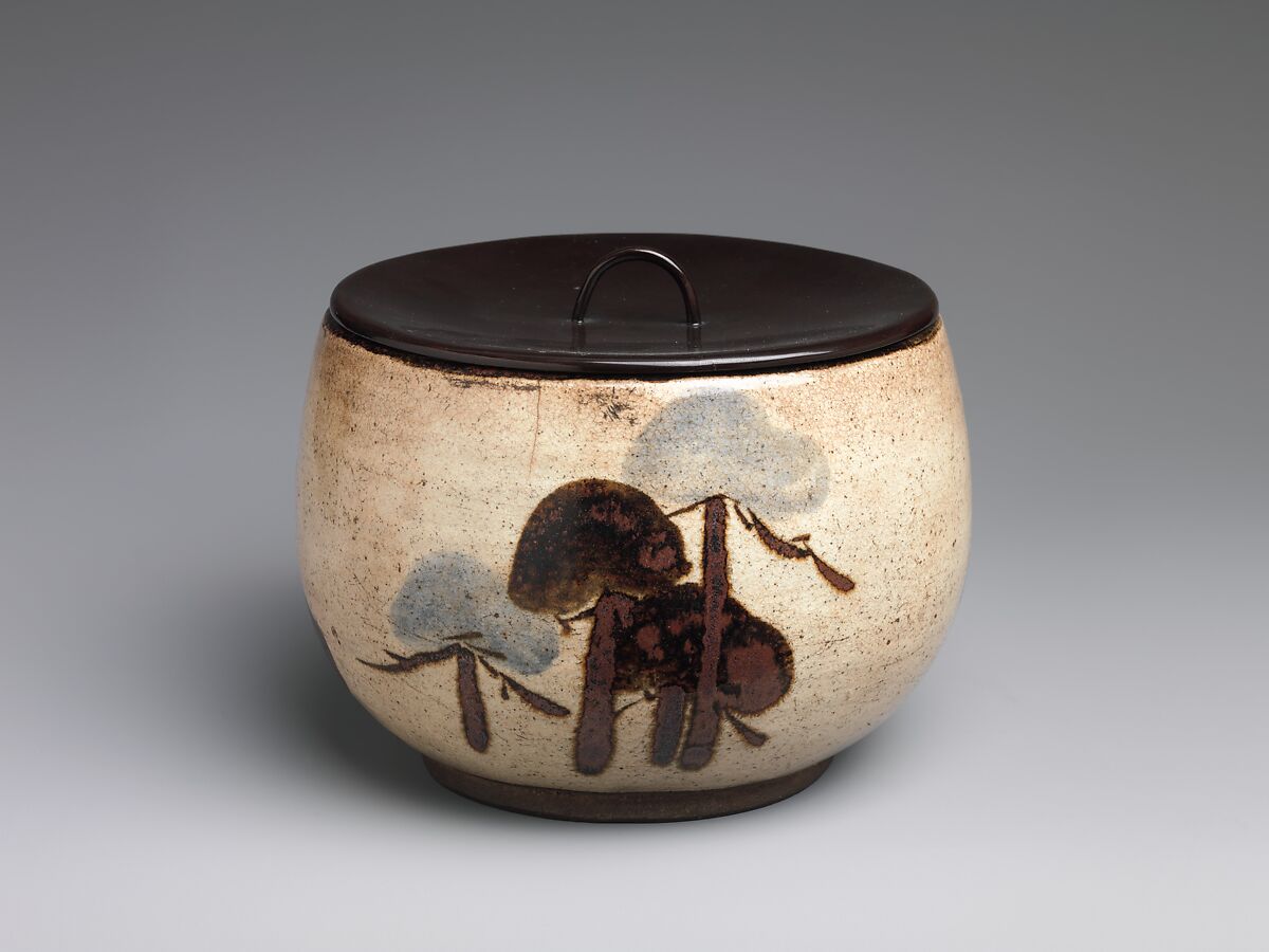 Water Jar (Mizusashi) with Pine Trees, Attributed to Ogata Kenzan (Japanese, 1663–1743), Stoneware with underglaze iron oxide; lacquer cover, Japan 