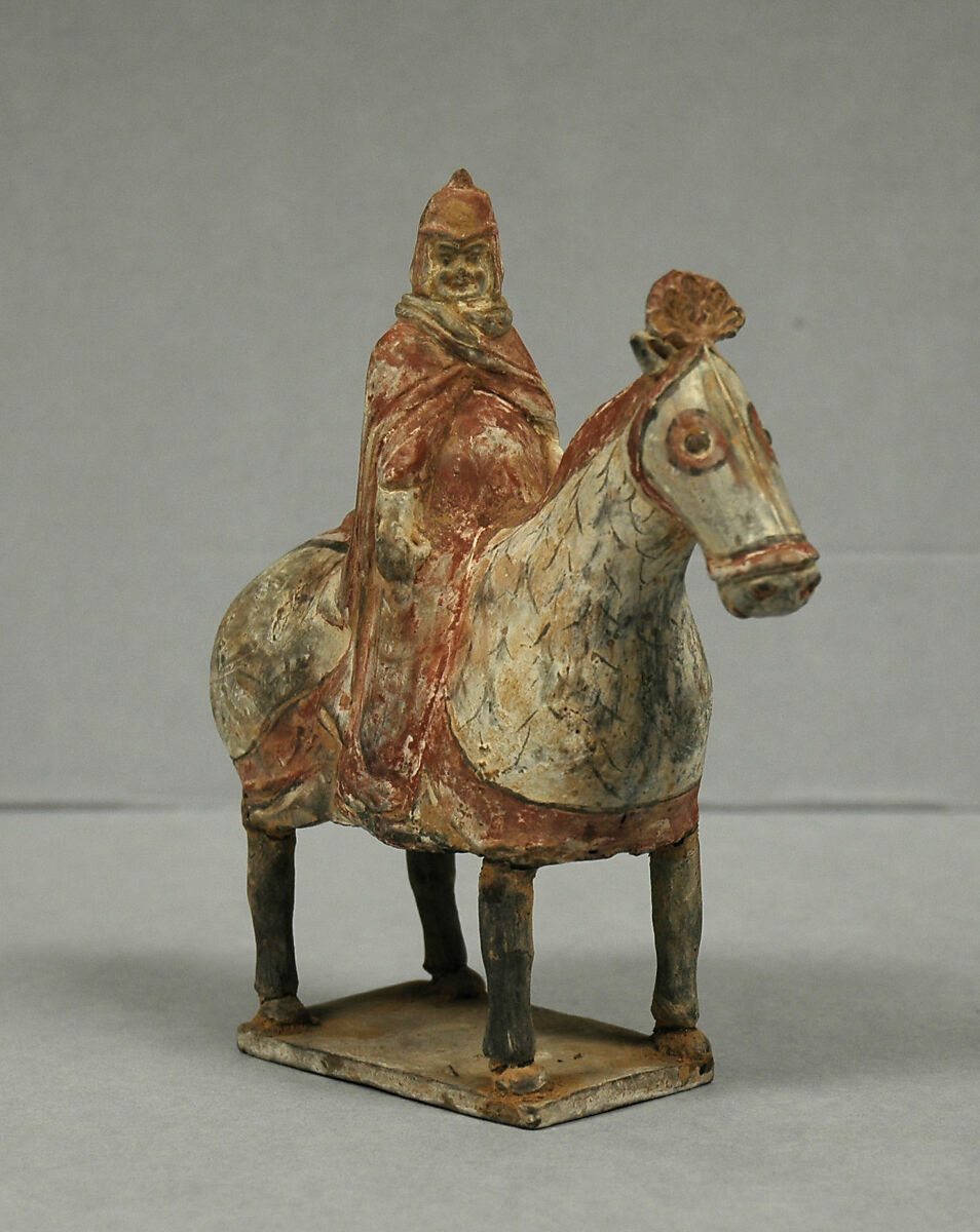 Armored horse and rider, Earthenware with pigment, China 