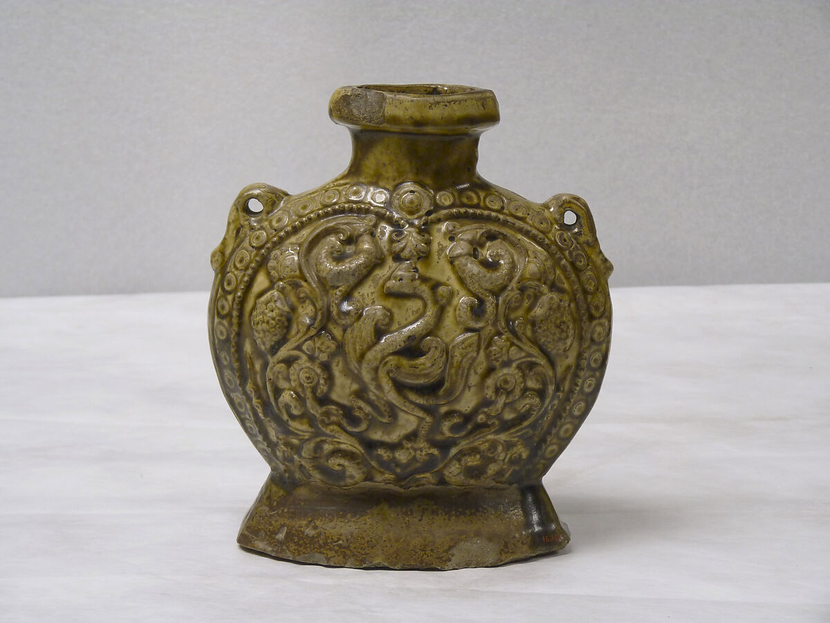 Flask with molded decoration, Stoneware with molded decoration under olive-yellow glaze, China 