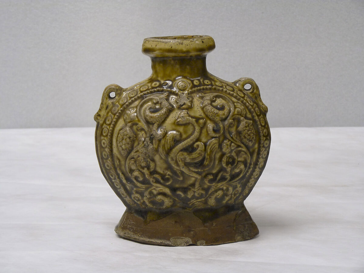 Flask with molded decoration, Stoneware with molded decoration under olive-yellow glaze, China