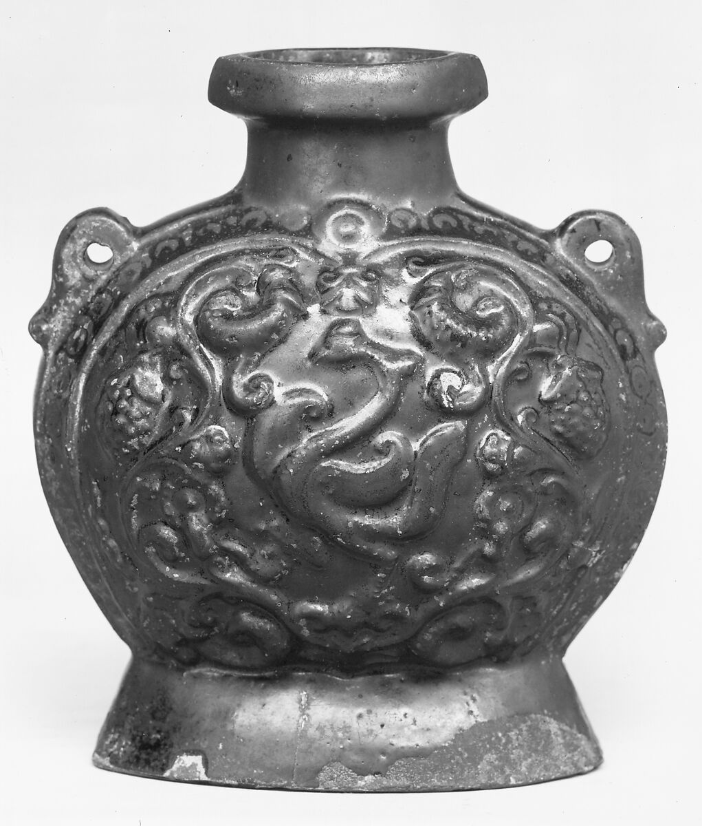 Flask with molded decoration, Stoneware with molded decoration under dark brown glaze, China 