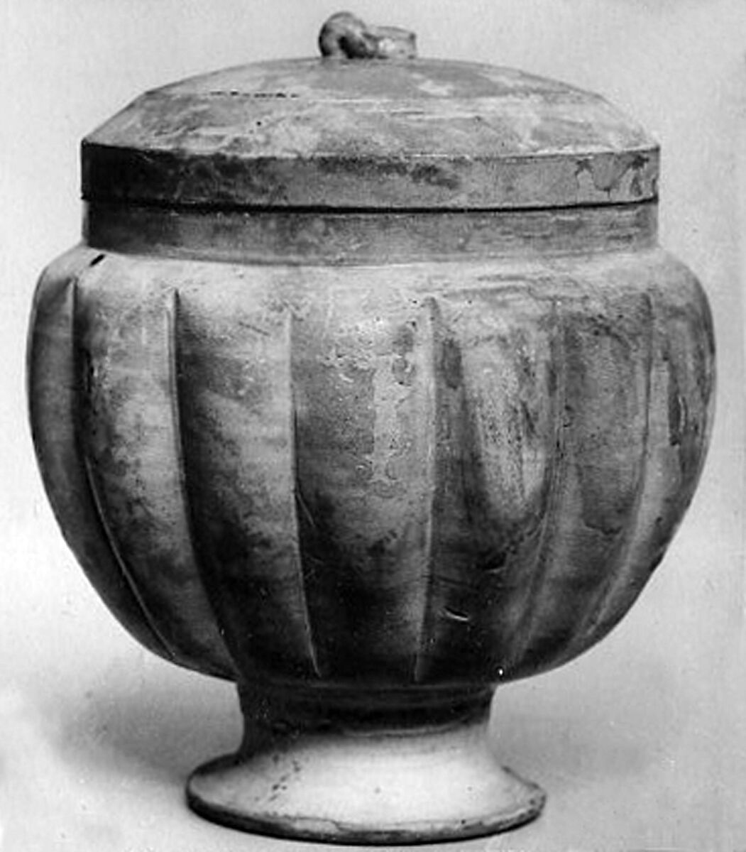 Stem cup with cover, Earthenware with olive glaze, China