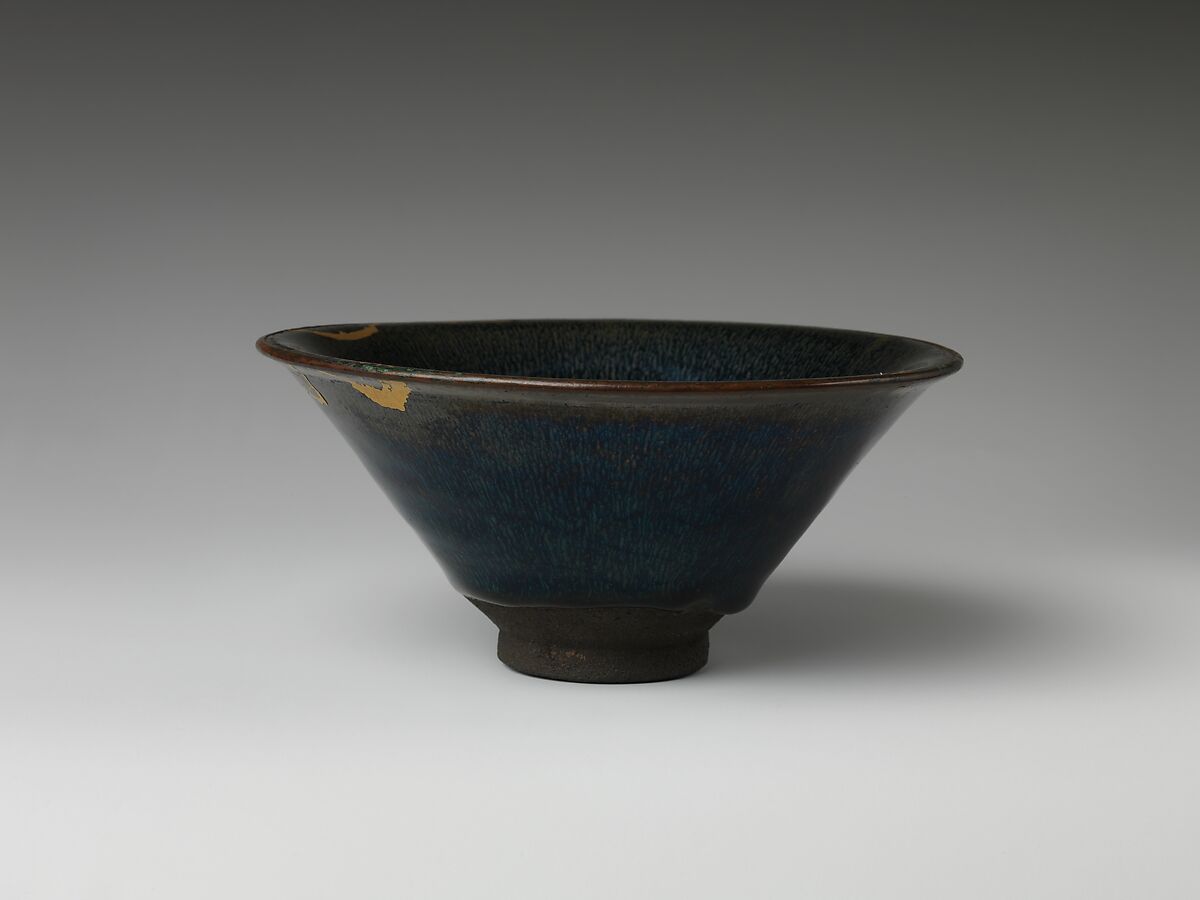 Bowl with “Hare’s Fur” Decoration, Stoneware with iron-oxide glaze (Jian ware); Japanese lacquer repair, China
