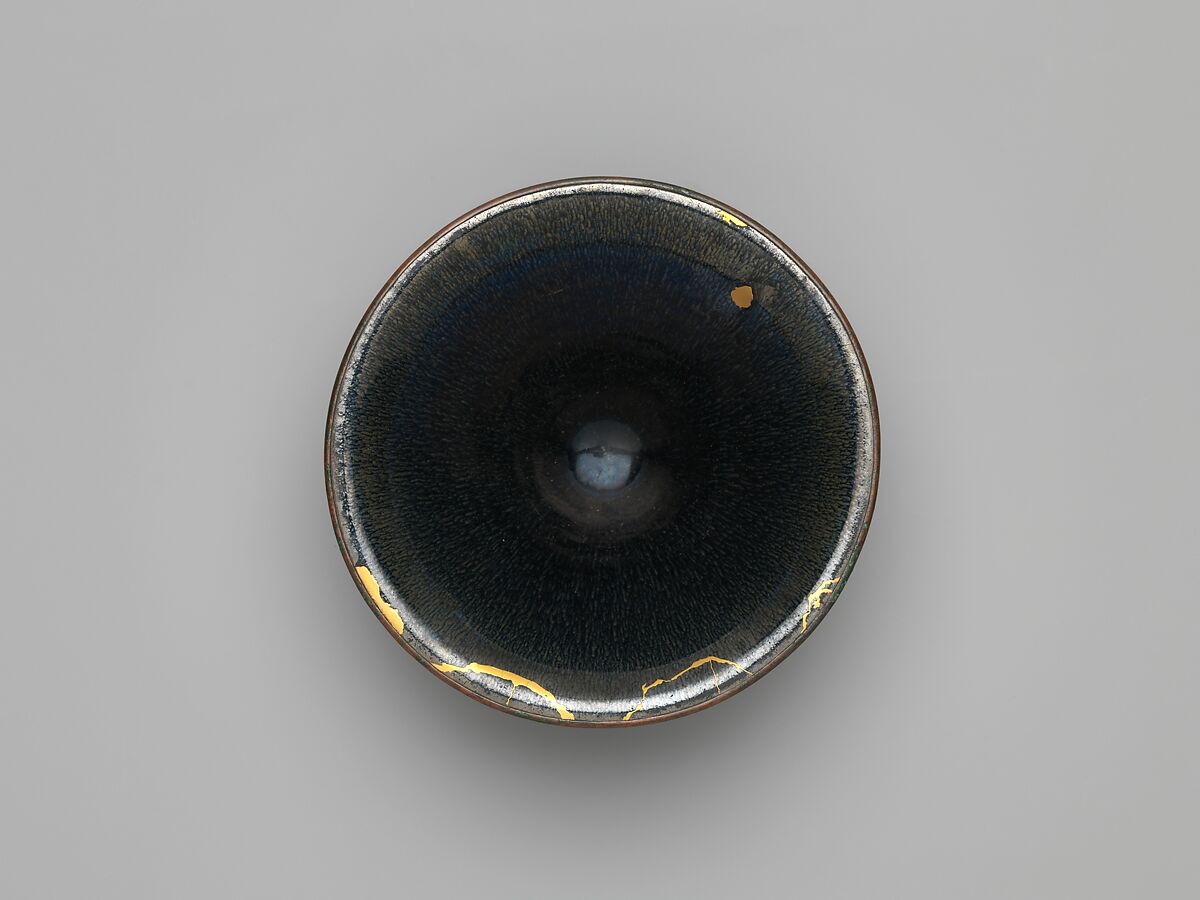 Bowl with “Hare’s Fur” Decoration, Stoneware with iron-oxide glaze (Jian ware); Japanese lacquer repair, China