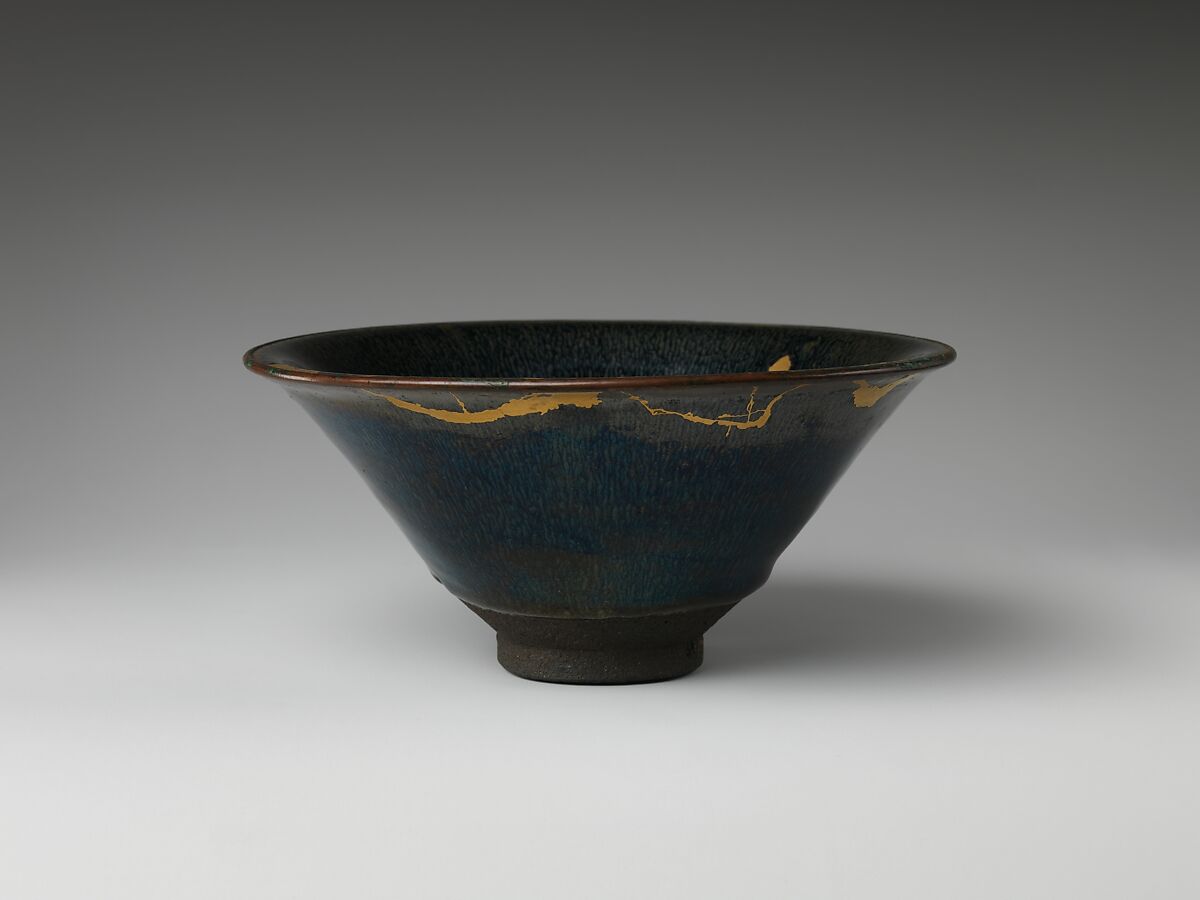 Bowl with “Hare’s Fur” Decoration, Stoneware with iron-oxide glaze (Jian ware); Japanese lacquer repair, China 