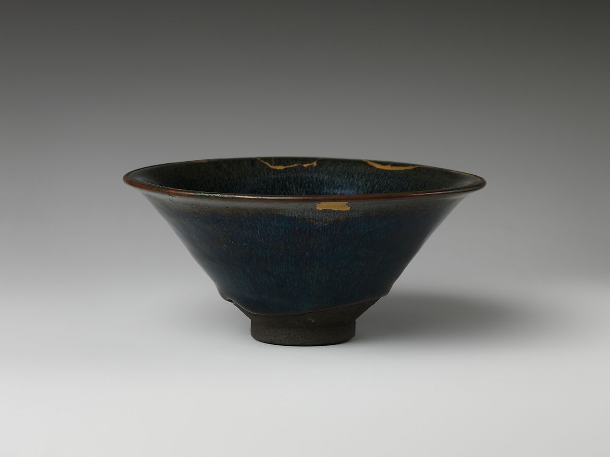 Bowl with “Hare’s Fur” Decoration, Stoneware with iron-oxide glaze (Jian ware); Japanese lacquer repair, China