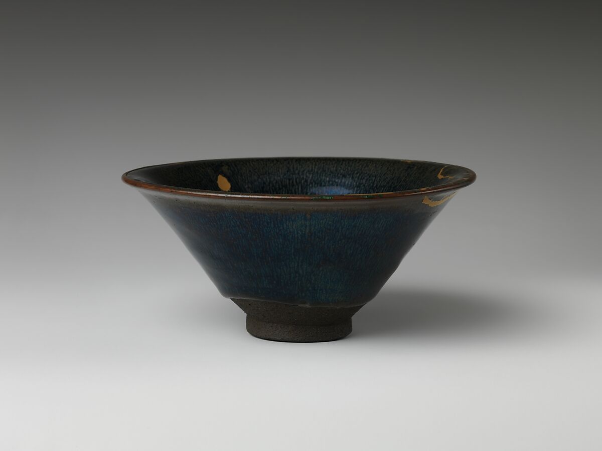 Bowl with “Hare’s Fur” Decoration, Stoneware with iron-oxide glaze (Jian ware); Japanese lacquer repair, China