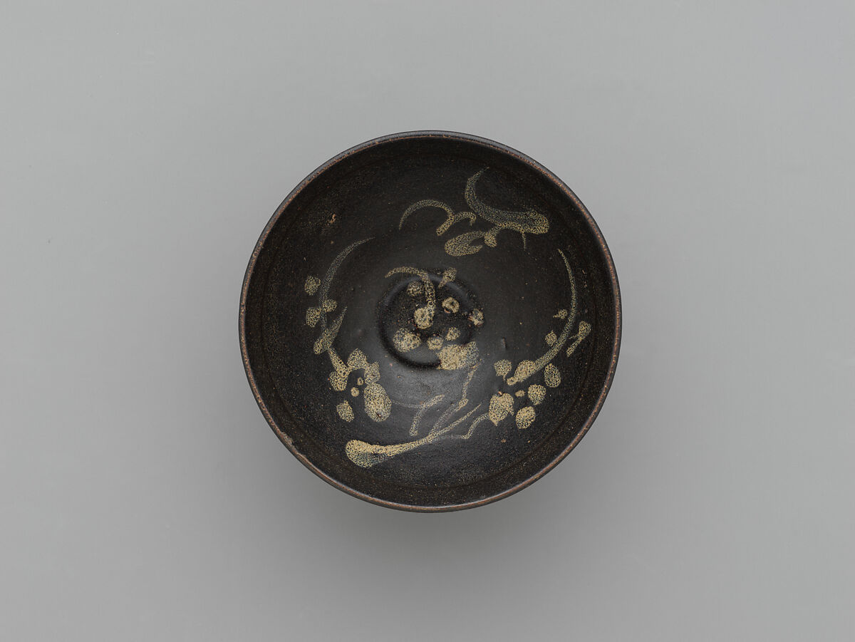 Tea bowl with plum decoration, Stoneware with painted decoration on dark glaze (Jizhou ware), China