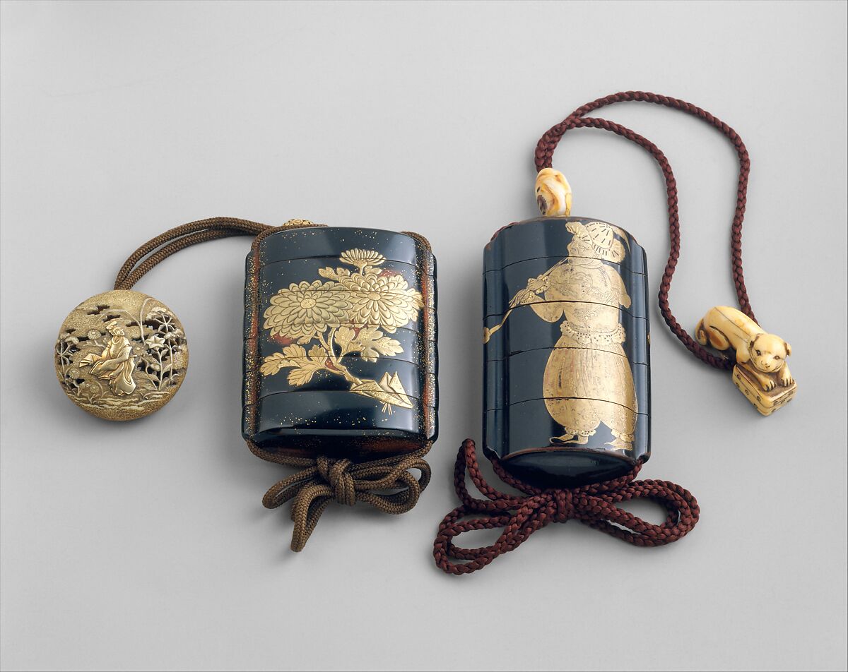 Inrō with Portuguese Figures, Four cases; lacquered wood with gold hiramaki-e and cut-out gold foil application on black groundNetsuke: dog; ivoryOjime: antler bead, Japan