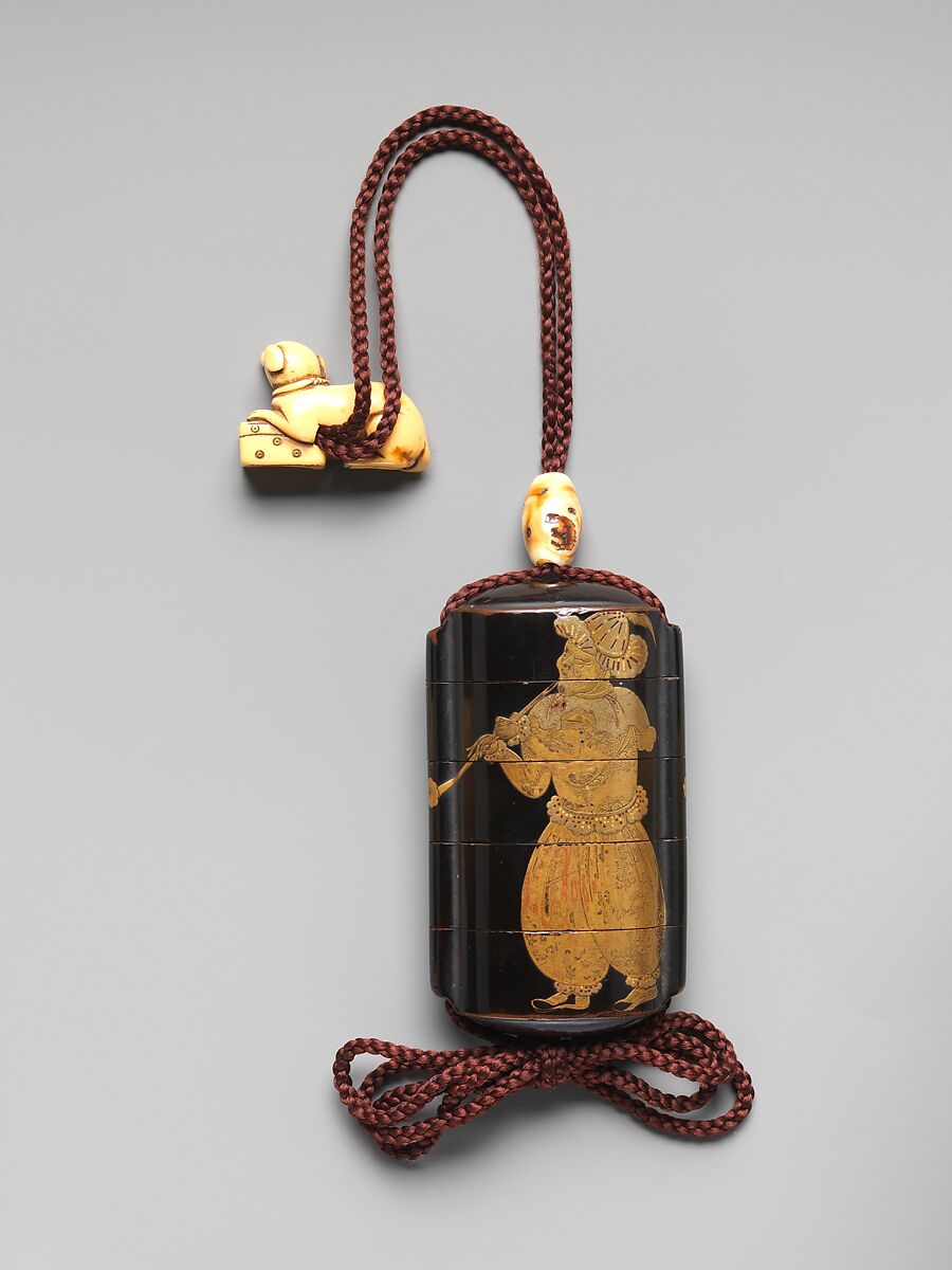 Inrō with Portuguese Figures, Four cases; lacquered wood with gold hiramaki-e and cut-out gold foil application on black groundNetsuke: dog; ivoryOjime: antler bead, Japan 