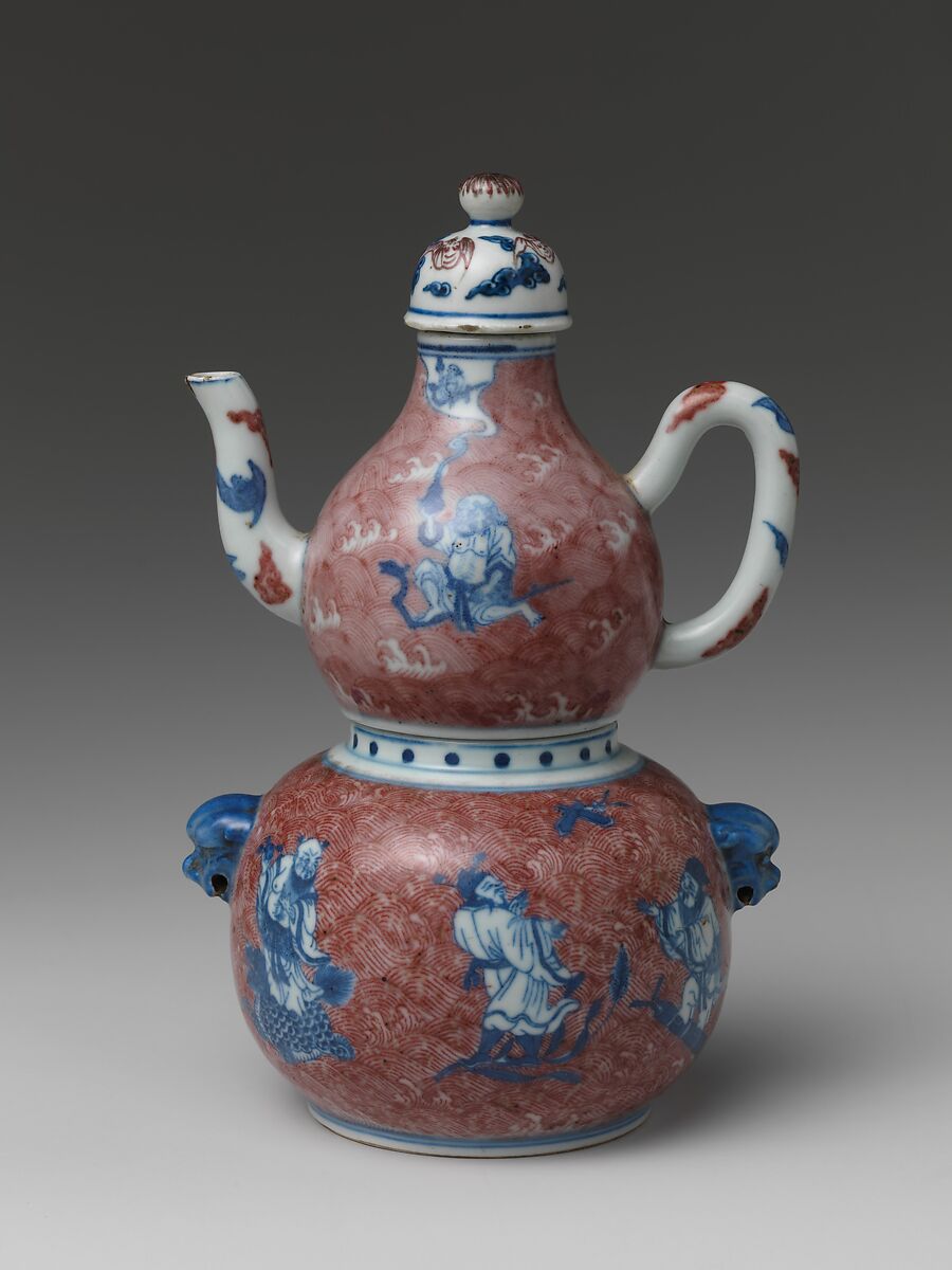 Wine Vessel with Daoist Immortals, Porcelain painted in underglaze cobalt blue and copper red, China 