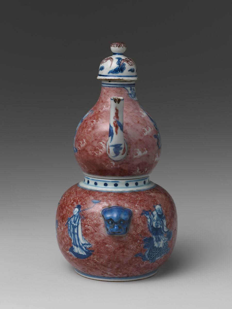 Wine Vessel with Daoist Immortals, Porcelain painted in underglaze cobalt blue and copper red, China