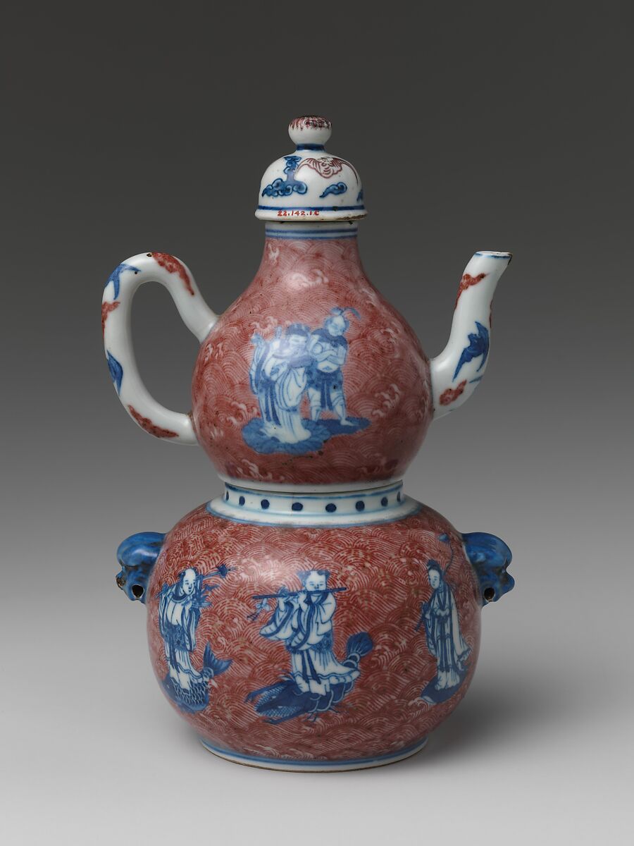 Wine Vessel with Daoist Immortals, Porcelain painted in underglaze cobalt blue and copper red, China