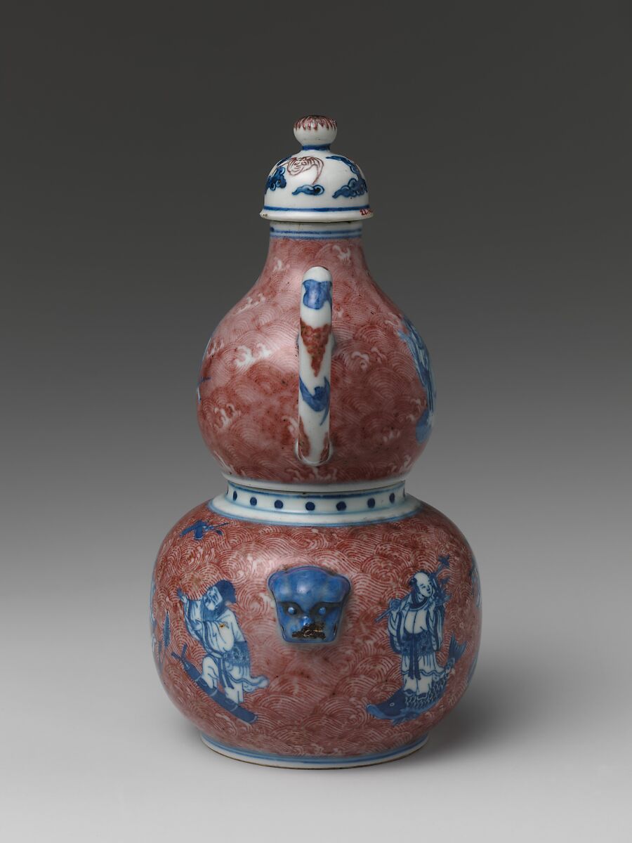 Wine Vessel with Daoist Immortals, Porcelain painted in underglaze cobalt blue and copper red, China