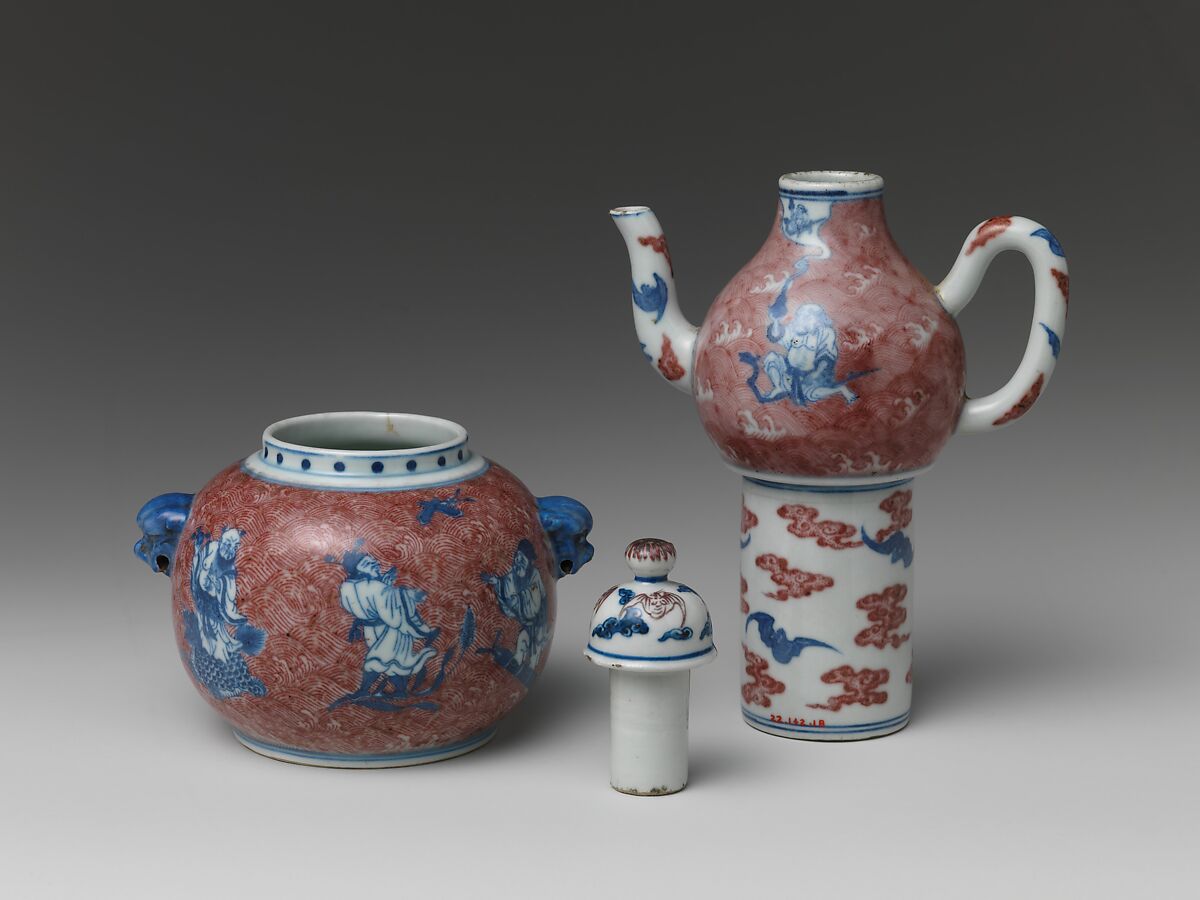 Wine Vessel with Daoist Immortals, Porcelain painted in underglaze cobalt blue and copper red, China
