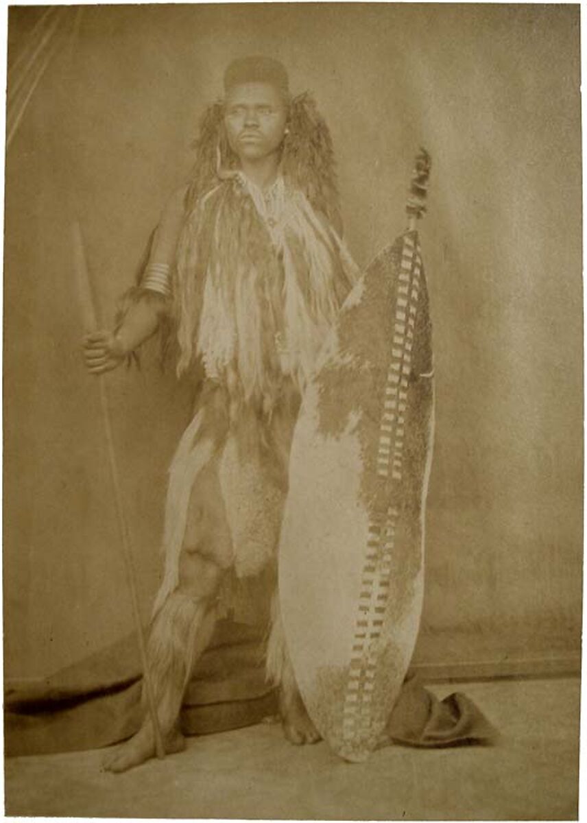 Zulu Warrior with Ox-hide Shield, Nicolaas Henneman (Dutch, Heemskerk 1813–1898 London), Coated salt or light albumen print from a wet collodion on glass negative, African; created in United Kingdom 