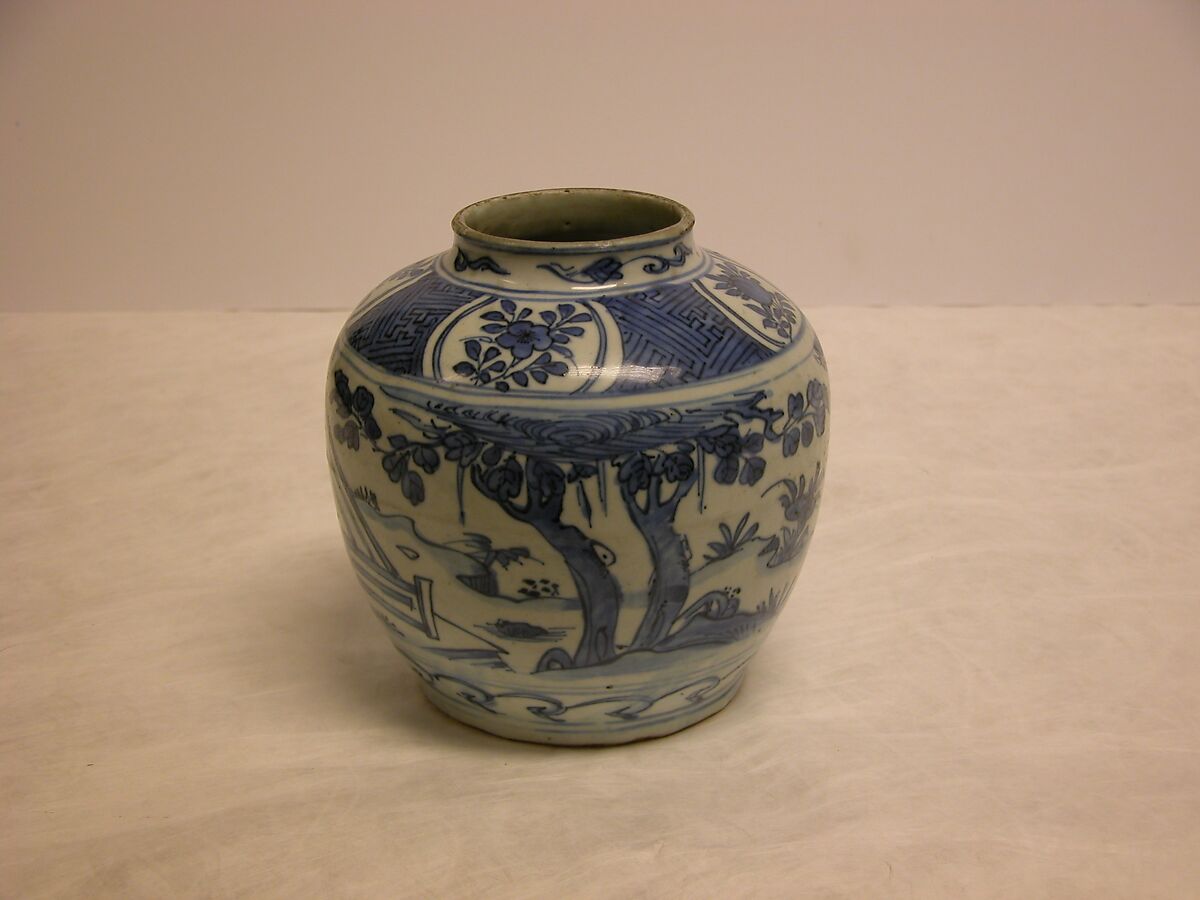 Jar with scene of Wang Xizhi (303–361) watching geese, Porcelain decorated with cobalt blue under transparent glaze (Jingdezhen ware), China
