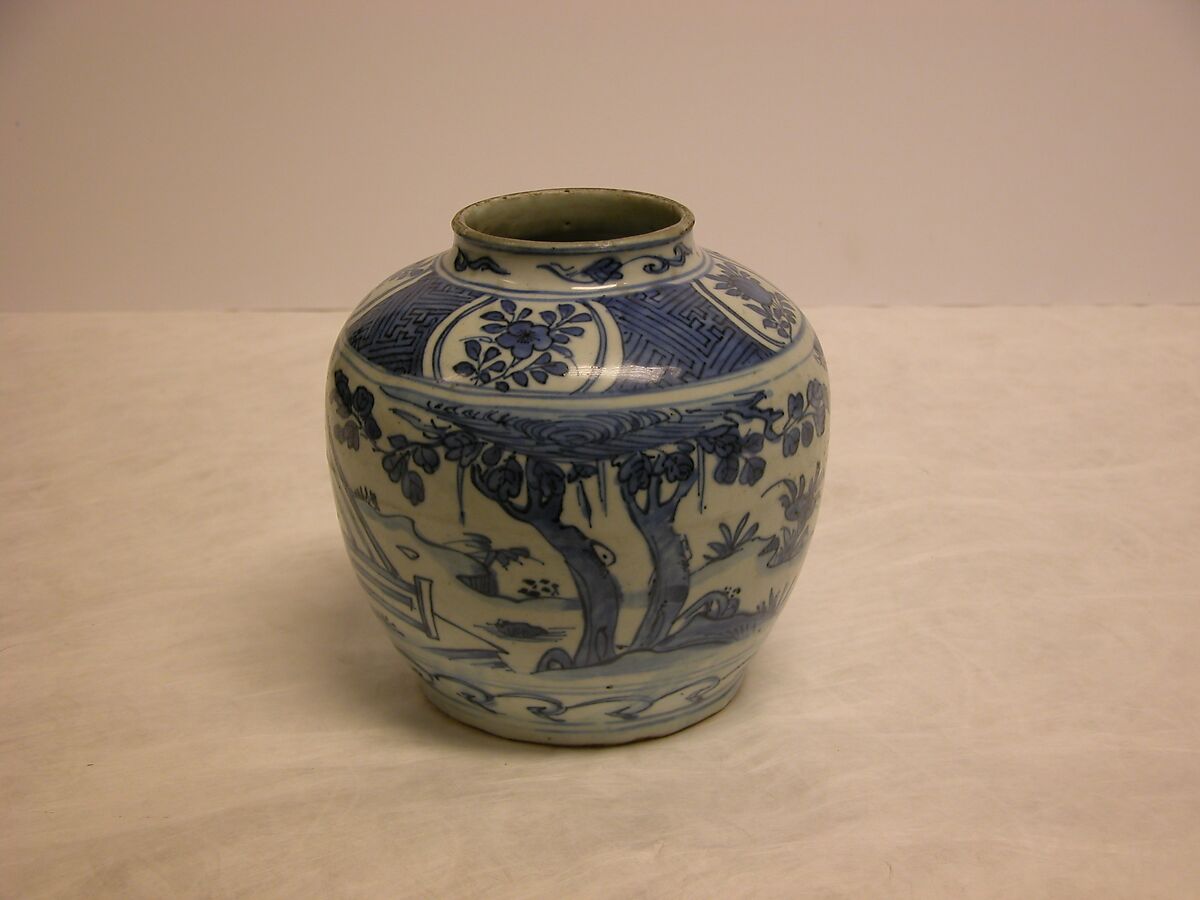 Jar with scene of Wang Xizhi (303–361) watching geese, Porcelain decorated with cobalt blue under transparent glaze (Jingdezhen ware), China 