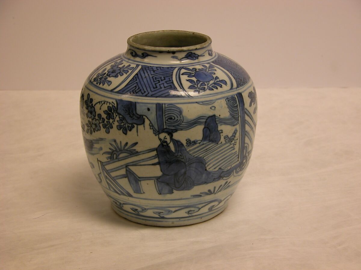 Jar with scene of Wang Xizhi (303–361) watching geese, Porcelain decorated with cobalt blue under transparent glaze (Jingdezhen ware), China