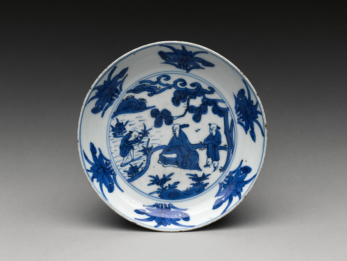 Dish with scholar by a lotus pond, Porcelain painted in underglaze cobalt blue (Jingdezhen ware), China 