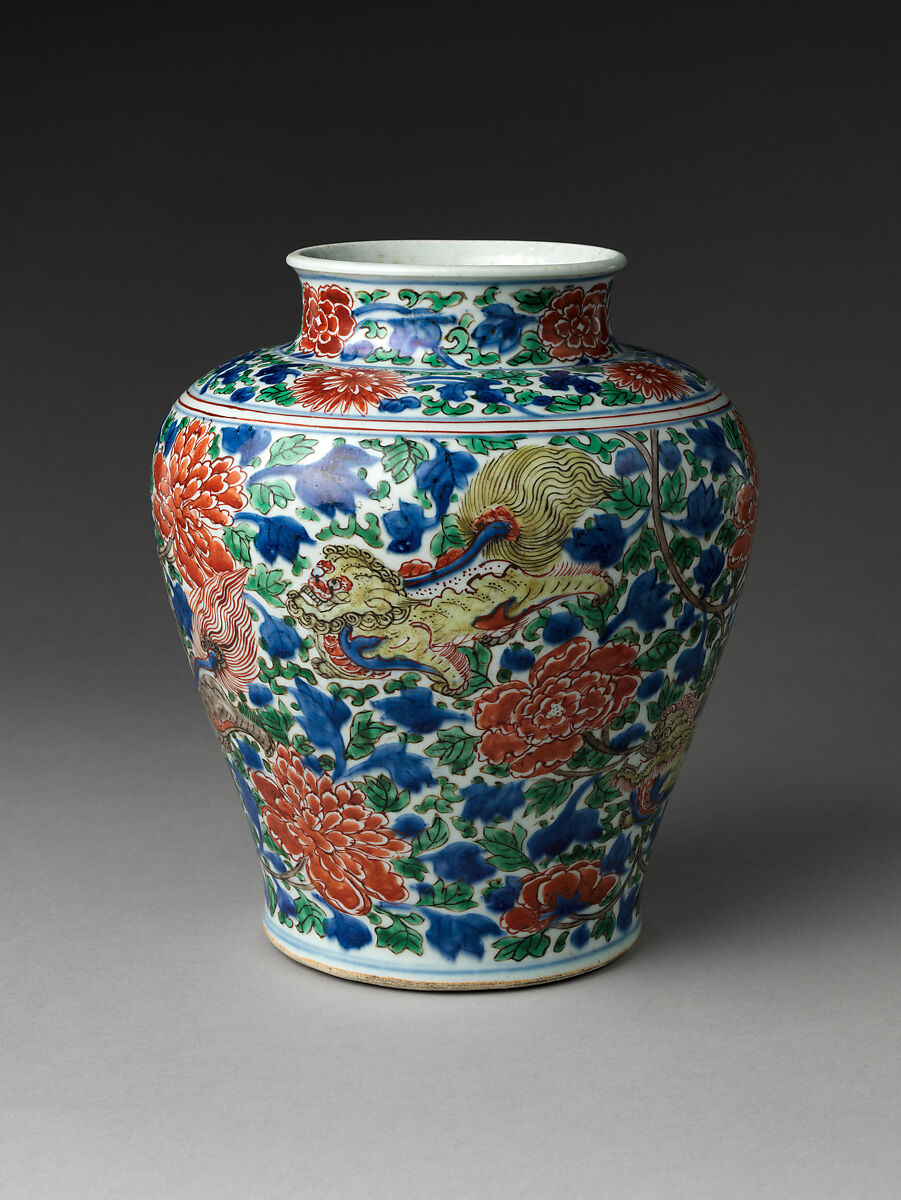 Jar with Mythical Qilin amidst Tree Peonies, Porcelain painted with colored enamels over transparent glaze (Jingdezhen ware), China 