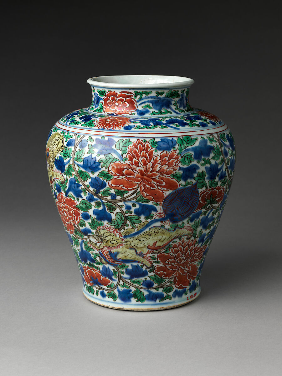 Jar with Mythical Qilin amidst Tree Peonies, Porcelain painted with colored enamels over transparent glaze (Jingdezhen ware), China