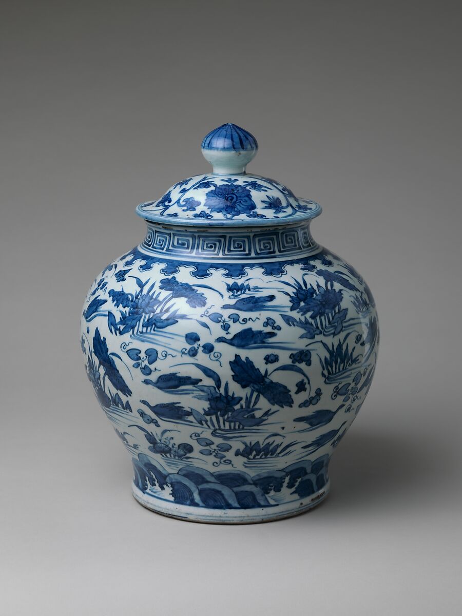 Jar with Ducks in Lotus Pond, Porcelain painted with cobalt blue under transparent glaze (Jingdezhen ware), China 