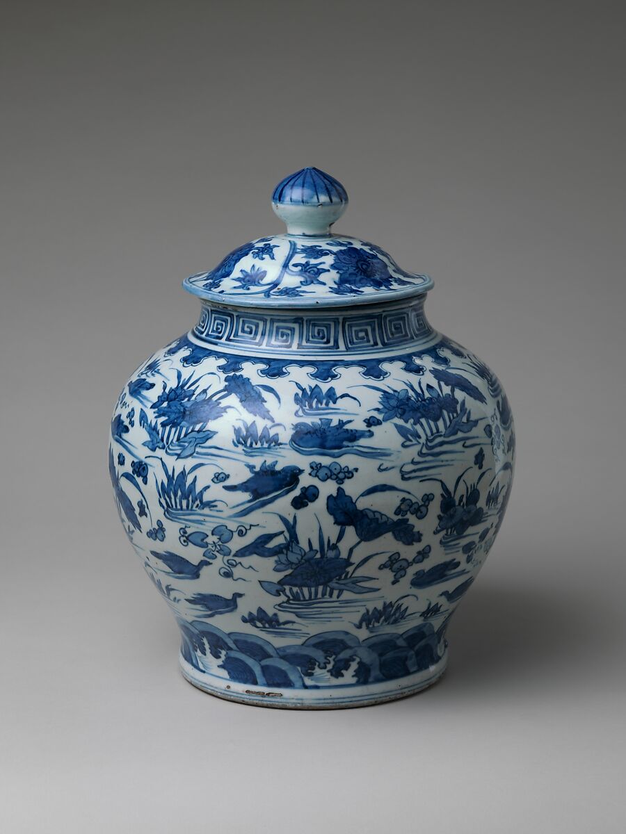 Jar with Ducks in Lotus Pond, Porcelain painted with cobalt blue under transparent glaze (Jingdezhen ware), China