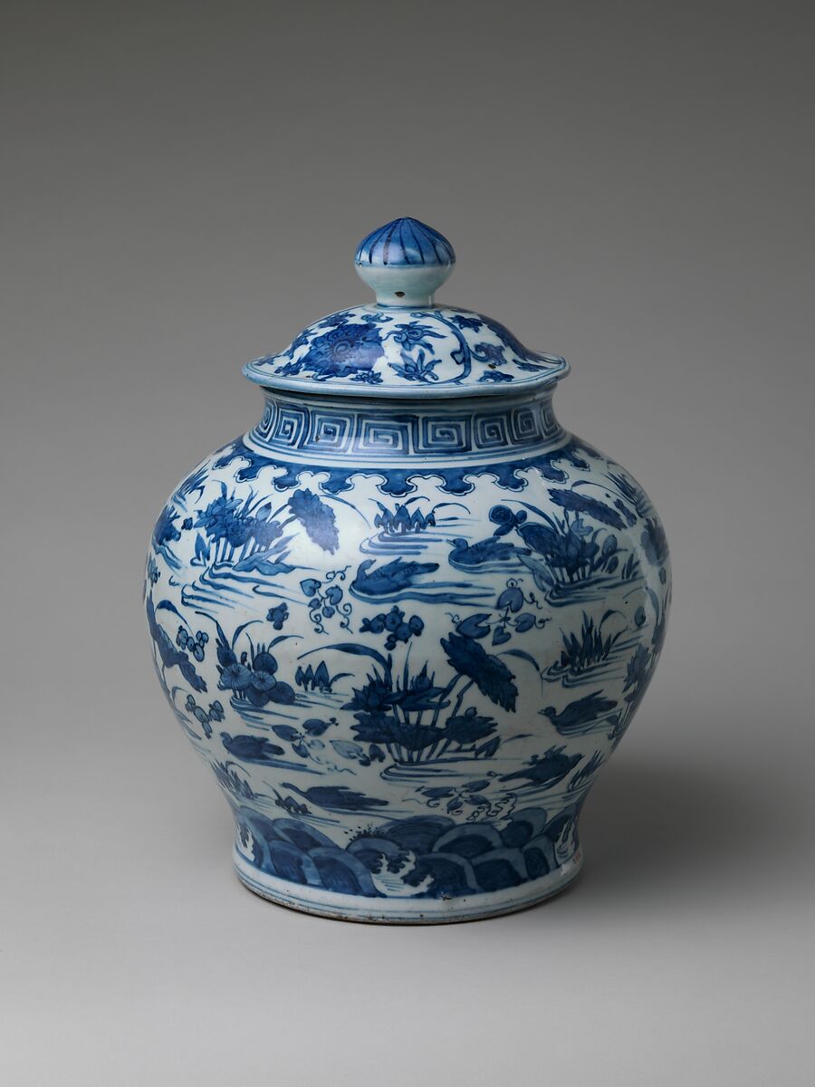 Jar with Ducks in Lotus Pond, Porcelain painted with cobalt blue under transparent glaze (Jingdezhen ware), China