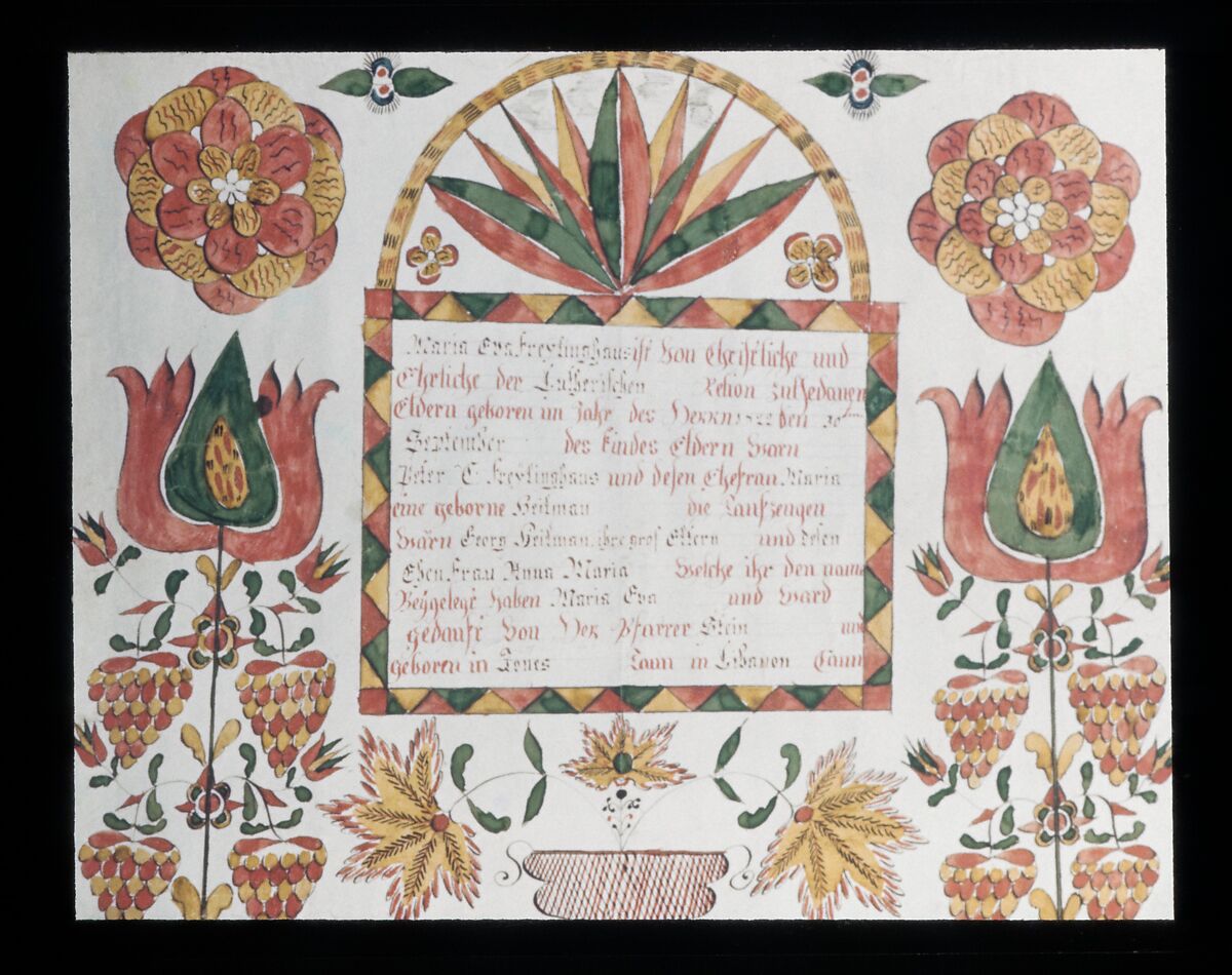 Birth and Baptismal Certificate, Ink and watercolor on paper, American