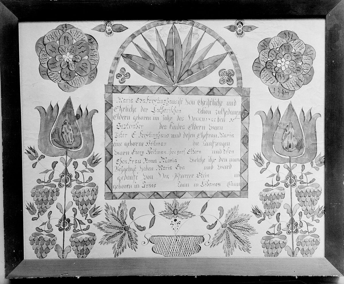 Birth and Baptismal Certificate, Ink and watercolor on paper, American