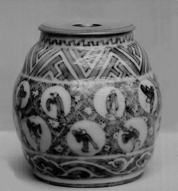 Tea jar, Gorodayu Shonzui (Japanese,), White porcelain decorated with blue under the glaze (Arita ware), Japan 