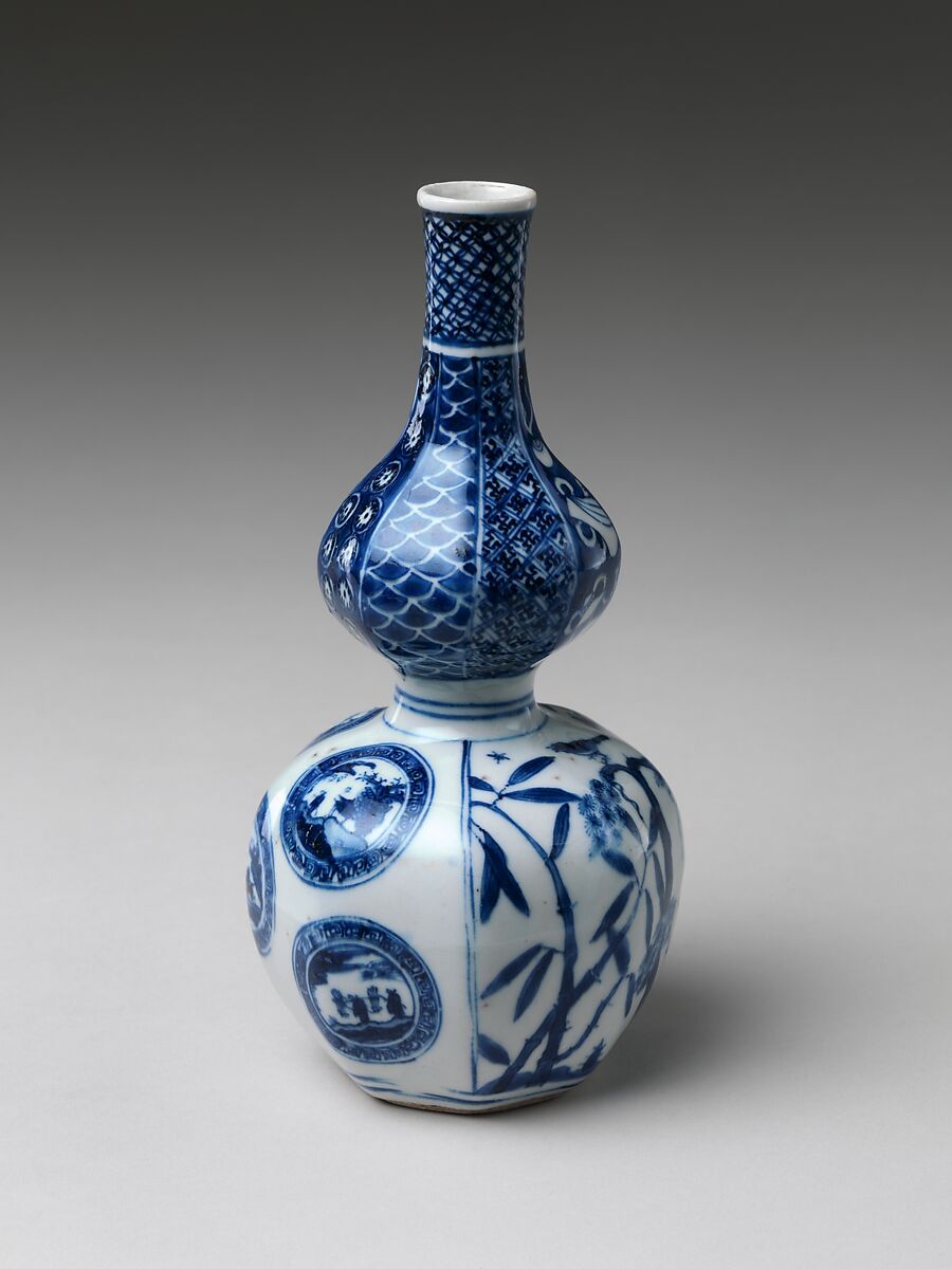 Wine Bottle with Landscape Scenes, Porcelain painted with cobalt blue under transparent glaze, Japan