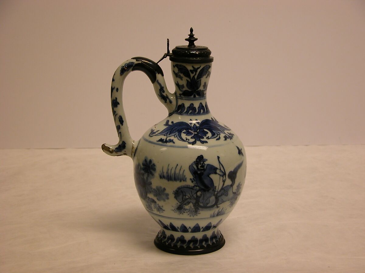 Ewer with Equestrian Figure, Porcelain painted with cobalt blue under transparent glaze (Jingdezhen ware); European mount, China