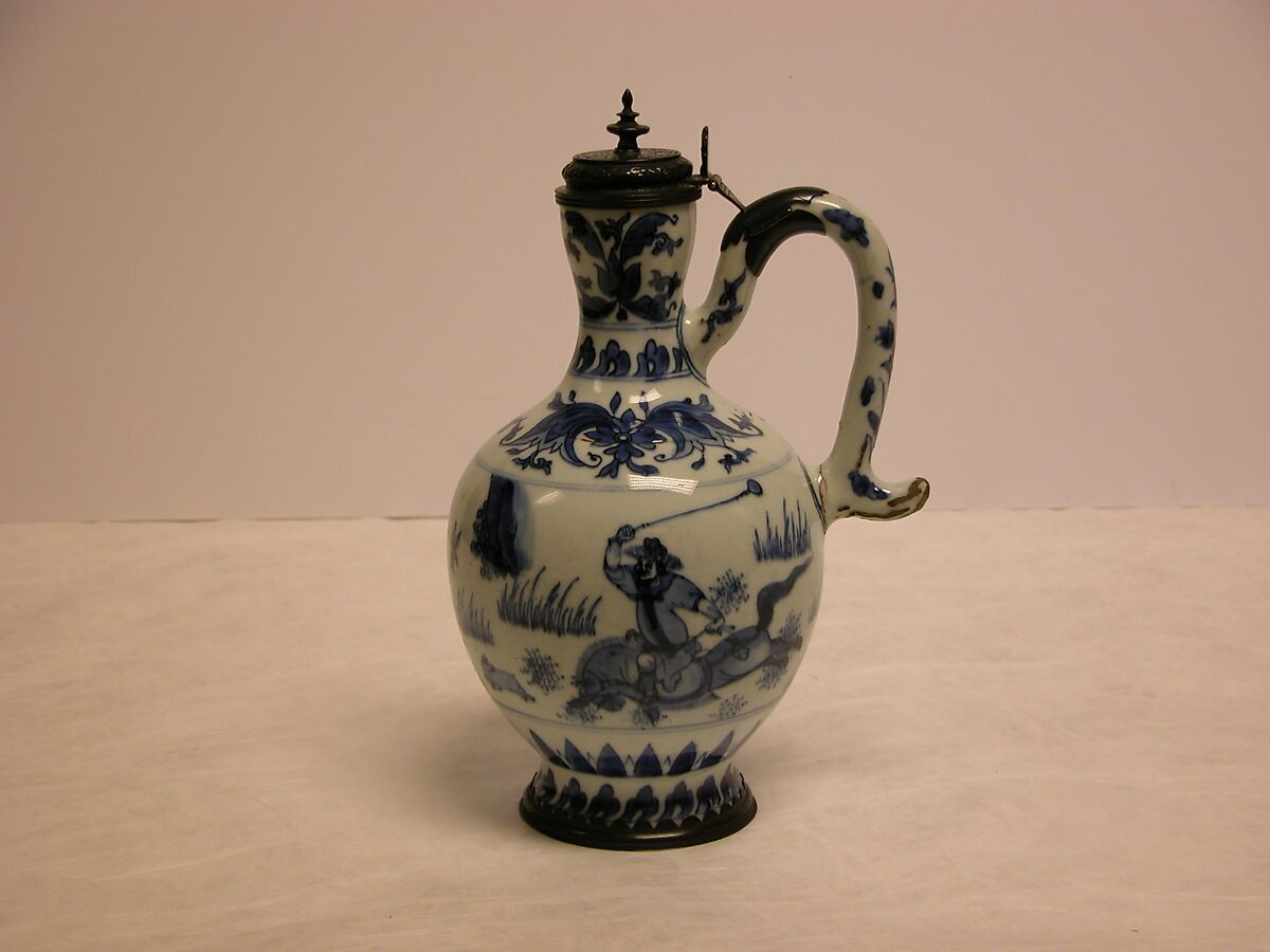 Ewer with Equestrian Figure, Porcelain painted with cobalt blue under transparent glaze (Jingdezhen ware); European mount, China