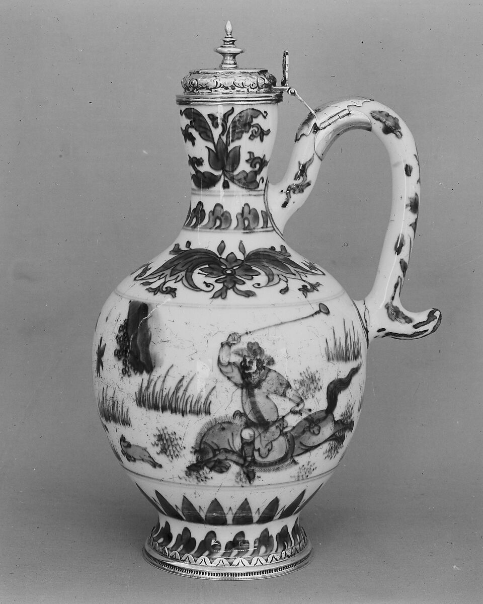 Ewer with Equestrian Figure, Porcelain painted with cobalt blue under transparent glaze (Jingdezhen ware); European mount, China