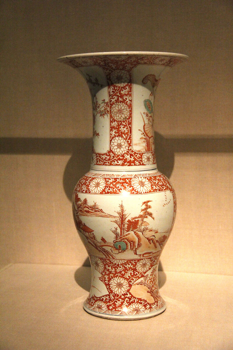 Vase with landscape, flowers, and gardens, Porcelain painted in underglaze copper red (Jingdezhen ware), China 