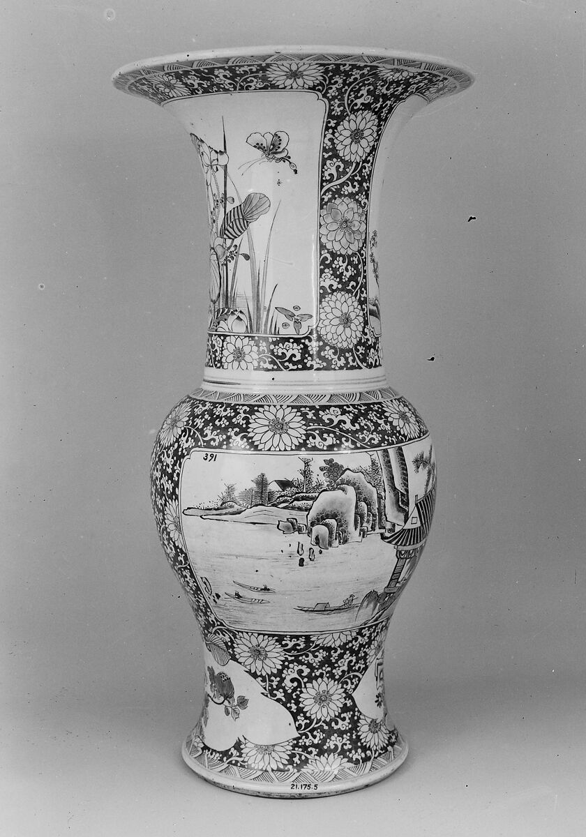 Vase with landscape, flowers, and gardens, Porcelain painted in underglaze copper red (Jingdezhen ware), China