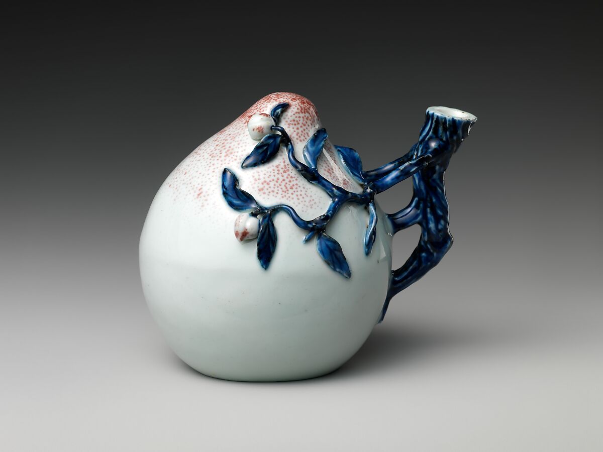 Ewer in the shape of a peach, Porcelain painted with underglaze copper red and cobalt blue glaze (Jingdezhen ware), China