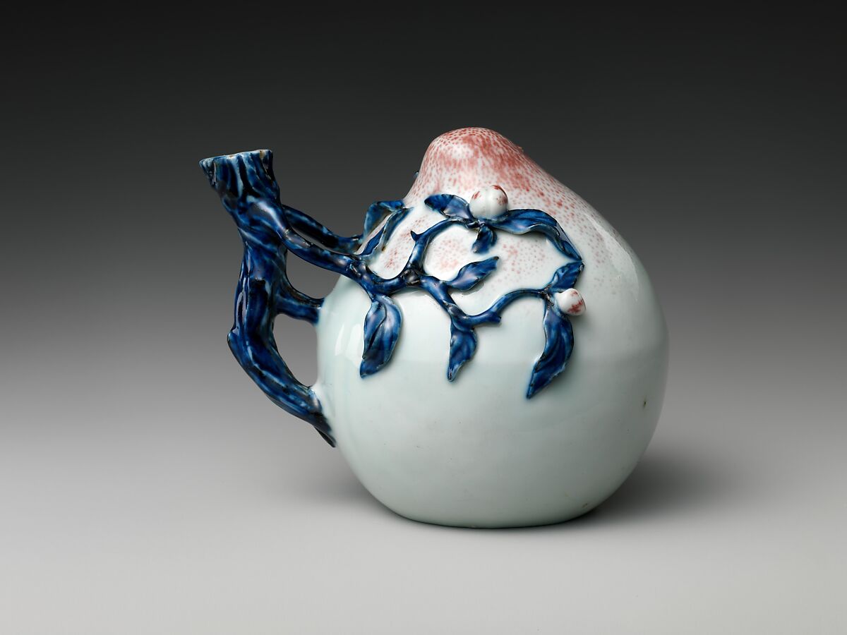 Ewer in the shape of a peach, Porcelain painted with underglaze copper red and cobalt blue glaze (Jingdezhen ware), China 