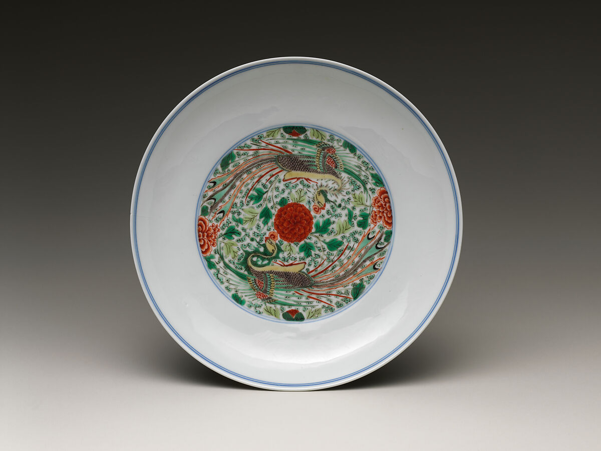 Dish with Phoenixes, Porcelain painted with cobalt blue under and colored enamels over transparent glaze(Jingdezhen ware), China 