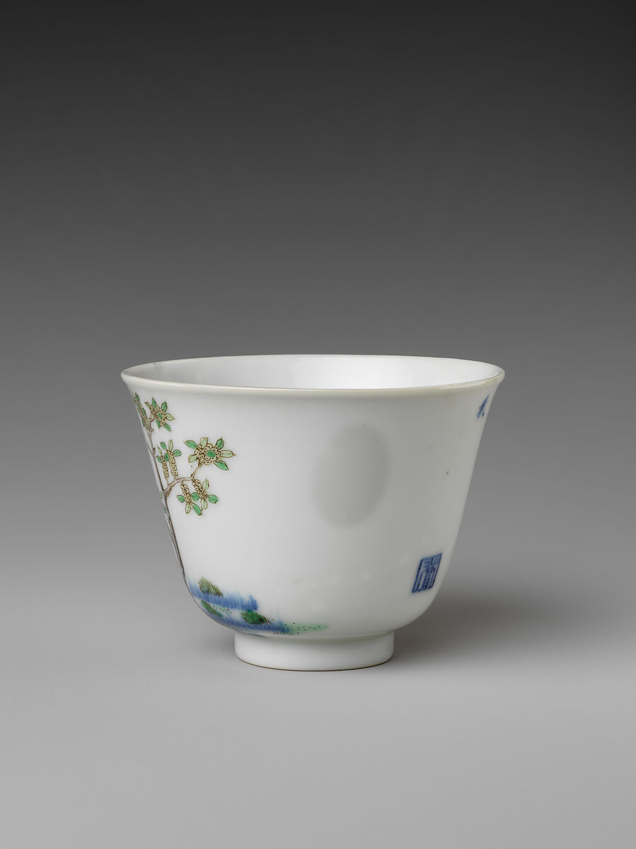Monthly flower cup (from set of twelve), Porcelain painted in underglaze cobalt blue and overglaze polychrome enamels (Jingdezhen ware), China