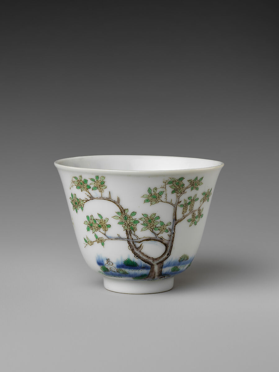 Monthly flower cup (from set of twelve), Porcelain painted in underglaze cobalt blue and overglaze polychrome enamels (Jingdezhen ware), China 