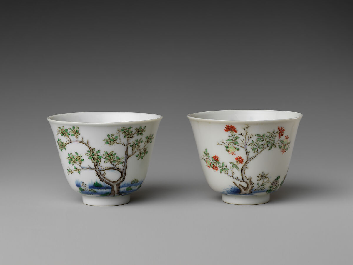 Monthly flower cup (from set of twelve), Porcelain painted in underglaze cobalt blue and overglaze polychrome enamels (Jingdezhen ware), China