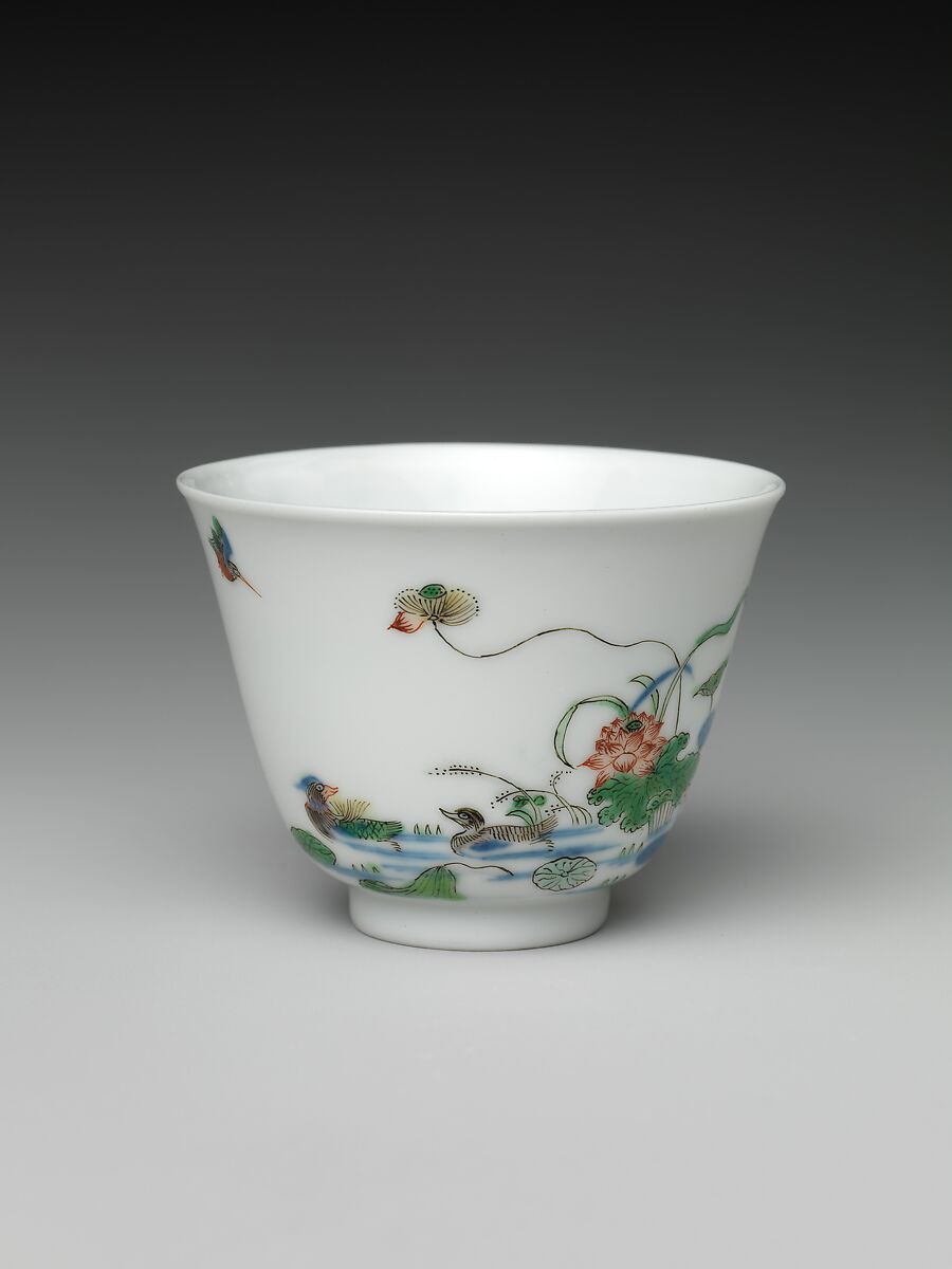 Set of wine cups with flowers of the twelve months, Porcelain painted with underglaze cobalt blue and overglaze enamels (Jingdezhen ware), China