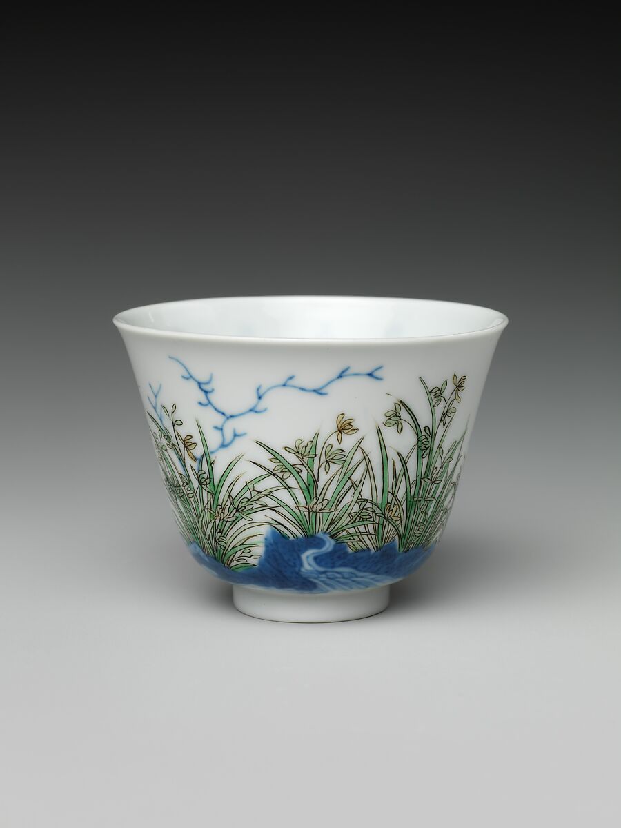Set of wine cups with flowers of the twelve months, Porcelain painted with underglaze cobalt blue and overglaze enamels (Jingdezhen ware), China